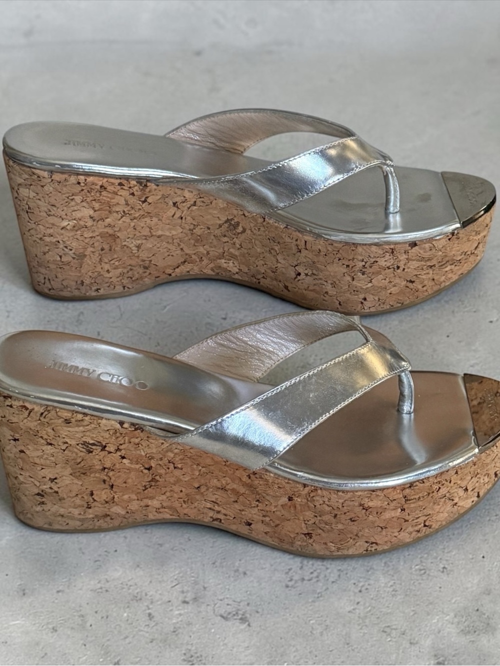 Jimmy Choo Silver Metallic Cork Wedge Thong Sandals! Size 37